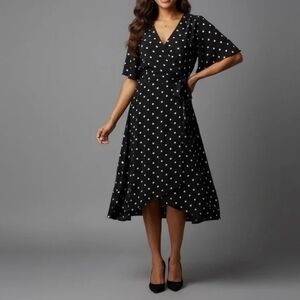 White House Black Market Black White Polka Dot High Low Wrap Dress